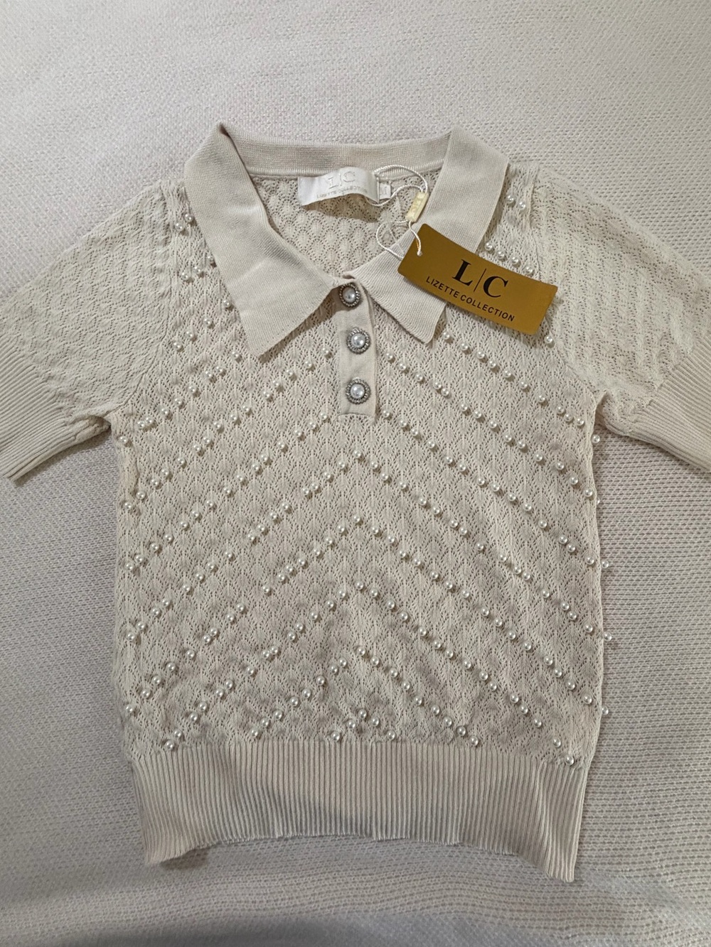 LC Lizette Collection Women’s Cream Knit Polo Top Size Medium